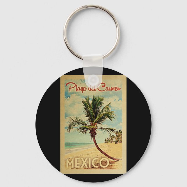 Playa del Carmen Palm Tree Vintage Travel Keychain (Front)