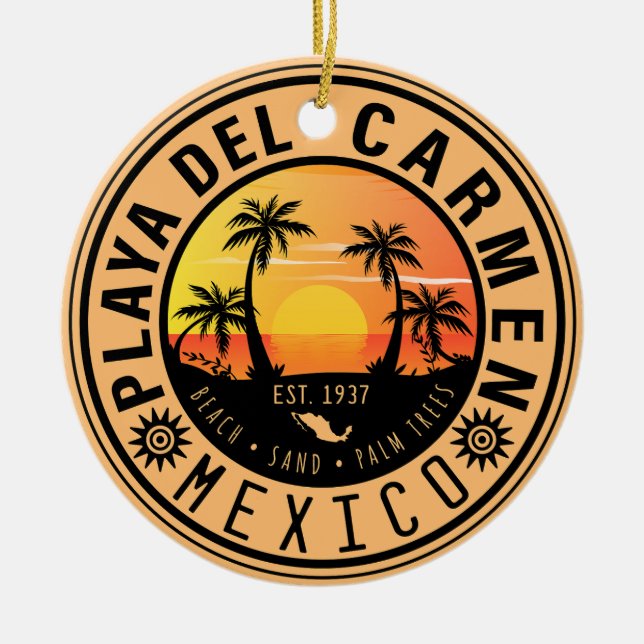 Playa del Carmen Retro Sunset Palm trees 1960s Ceramic Ornament (Front)