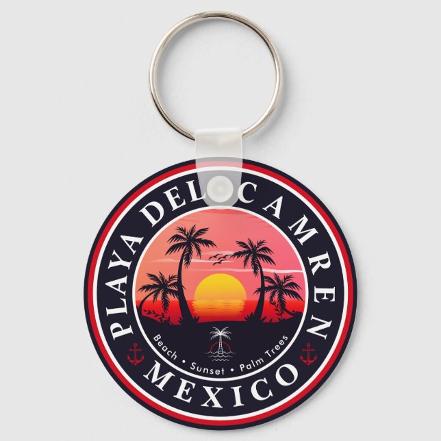 Playa del Carmen Retro Sunset Palm trees 1960s Key Keychain (Front)