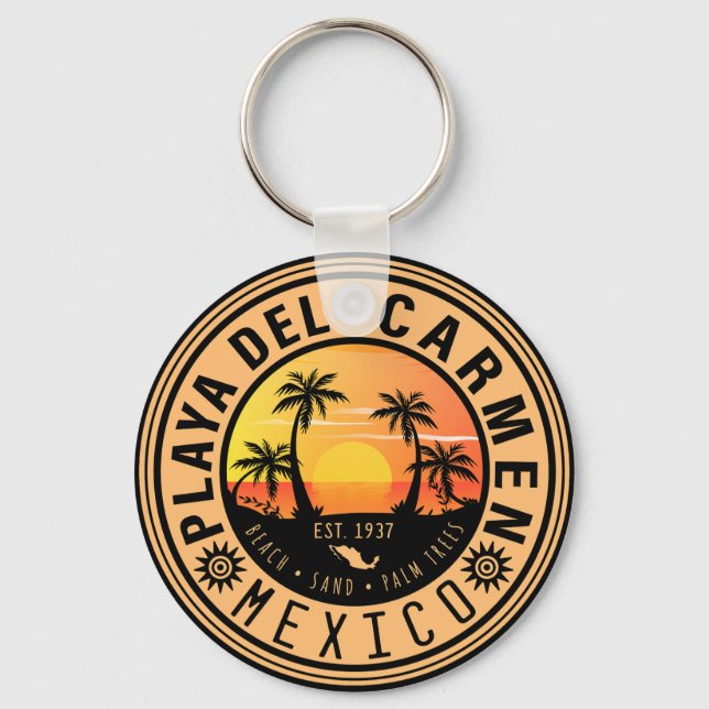 Playa del Carmen Retro Sunset Palm trees 1960s Keychain (Front)
