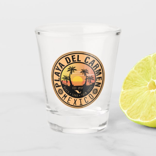 Playa del Carmen Retro Sunset Palm trees 1960s Shot Glass (Front)