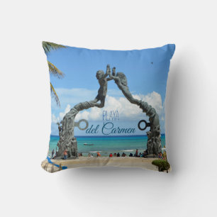 Playa del Carmen Statue Ocean Landscape Souvenir Throw Pillow