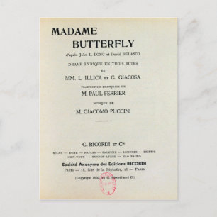 Playbill for Madame Butterfly by Giacomo Postcard