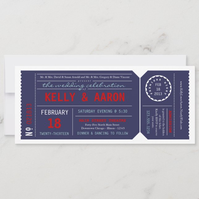 Playbill Ticket Wedding Invitation - Navy & Red (Front)