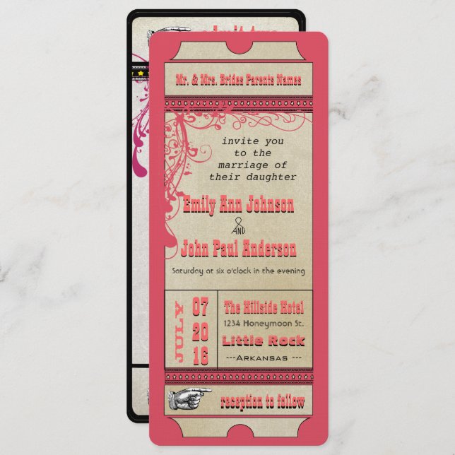 Playbill Ticket Wedding Raspberry Coral and Yellow Invitation (Front/Back)