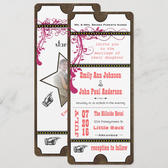 Playbill Ticket Wedding Raspberry Coral and Yellow Invitation (Front/Back)