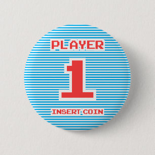 Player 1 Insert Coin, Playing With Stripes, 2 Inch Round Button