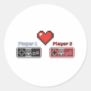 Player 1 Player 2 Gamer Couple Pixel Art 8-bit  Classic Round Sticker