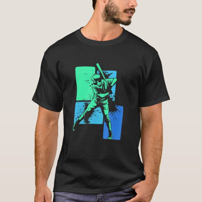 Player Baseball Batter Green Blue Catcher Pitcher T-Shirt (Front)
