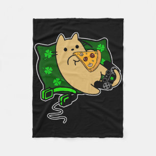 Player Cat Eats Pizza Clover St. Patricks  Fleece Blanket