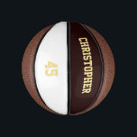 Player Club Team Name Number Custom Monogrammed<br><div class="desc">Create your own custom, personalized, faux gold elegant stylish typography / script / text / name on white and dark brown background, mini size, hand stitched basketball. Simply enter the player / team / club / school / college / event / tournament name, and player jersey number, to customize. While...</div>