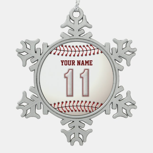 Player Number 11 - Cool Baseball Stitches Snowflake Pewter Christmas Ornament (Front)