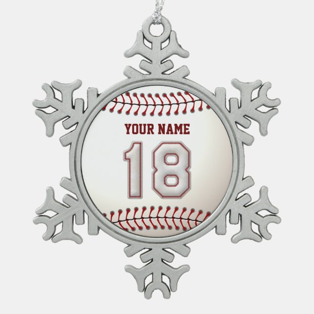 Player Number 18 - Cool Baseball Stitches Snowflake Pewter Christmas Ornament (Front)