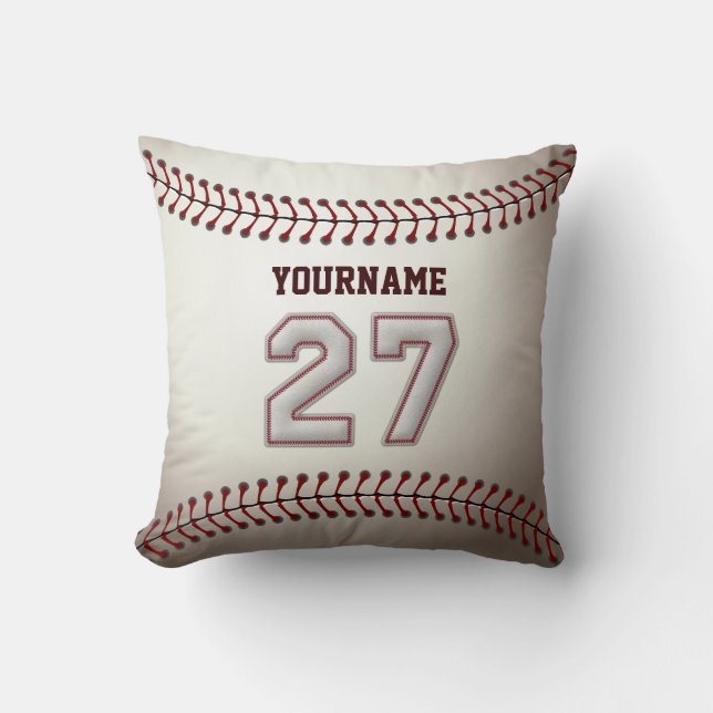 Player Number 27 - Cool Baseball Stitches Throw Pillow (Front)