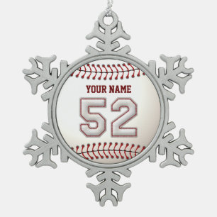 Player Number 52 - Cool Baseball Stitches Snowflake Pewter Christmas Ornament