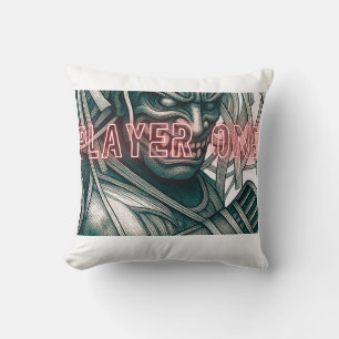 Player One Oni Samurai Retro Gaming Muscle Manga E Throw Pillow