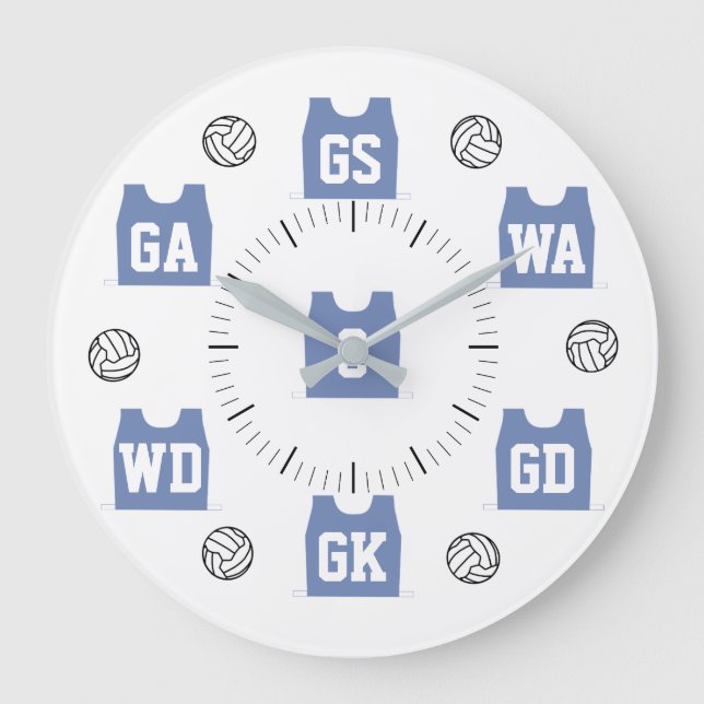 Player Positions With Netball Team Color Bibs Large Clock (Front)