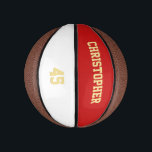 Player Team Club Name Number Custom Monogrammed Mini Basketball<br><div class="desc">Create your own custom, personalized, faux gold elegant stylish typography / script / text / name on white and red background, mini size, hand stitched basketball. Simply enter the player / team / club / school / college / event / tournament name, and player jersey number, to customize. While you...</div>