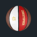 Player Team Club Name Number Custom Monogrammed Mini Basketball<br><div class="desc">Create your own custom, personalized, faux gold elegant stylish typography / script / text / name on white and red background, mini size, hand stitched basketball. Simply enter the player / team / club / school / college / event / tournament name, and player jersey number, to customize. While you...</div>
