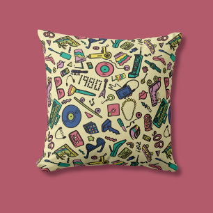 Playful 1980s Doodle Art Pattern Throw Pillow
