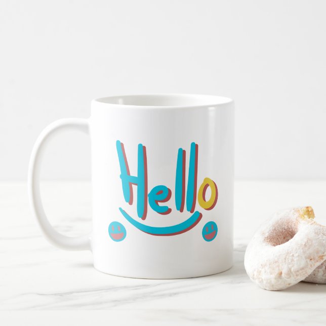 Playful Abstract Hello Pattern Art Coffee Mug (With Donut)