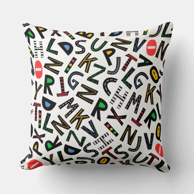 Playful Alphabet Chaos Throw Pillow (Front)