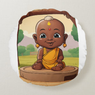 Playful Baby Buddha – African Toddler Cartoon on Round Pillow