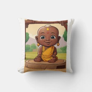 Playful Baby Buddha – African Toddler Cartoon on Throw Pillow