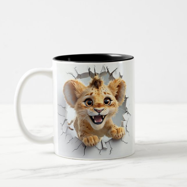 Playful Baby Lion appears through breaking wall Two-Tone Coffee Mug (Left)