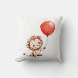 Playful Baby Lion with Red Balloon Throw Pillow