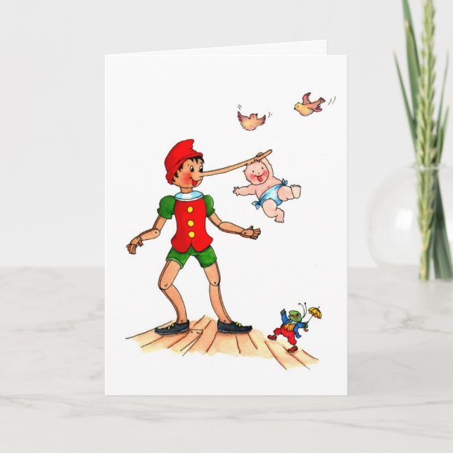 Playful Baby with Pinocchio - Birth Announcement (Front)