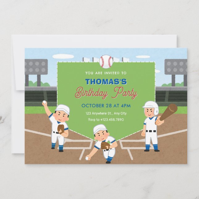 Playful baseball birthday invitation (Front)