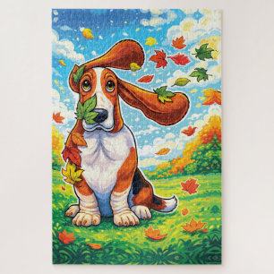 Playful Basset Hound Autumn Leaves Cartoon Jigsaw Puzzle