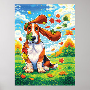 Playful Basset Hound Autumn Leaves Cartoon Poster