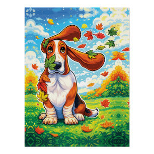Playful Basset Hound Autumn Leaves Cartoon Poster