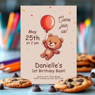 Playful Bear 1st bday, Red Balloon First Birthday Invitation
