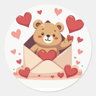 Playful Bear Popping Out of Envelope with Hearts Classic Round Sticker