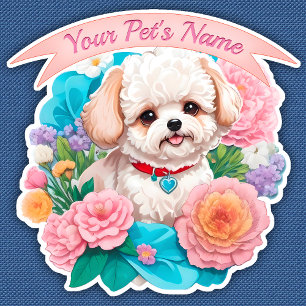 Playful Bichon Frisé, colourful assorted flowers