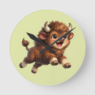 Playful Bison Running Wild in a Charming Cozy Round Clock