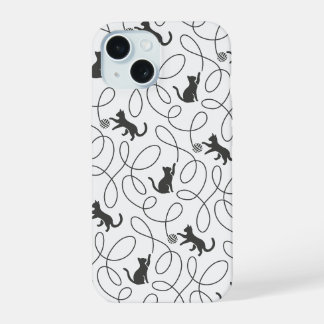 Playful Black Cat and Yarn Ball Pattern iPhone 15 Case