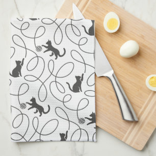 Playful Black Cat and Yarn Ball Pattern Kitchen Towel