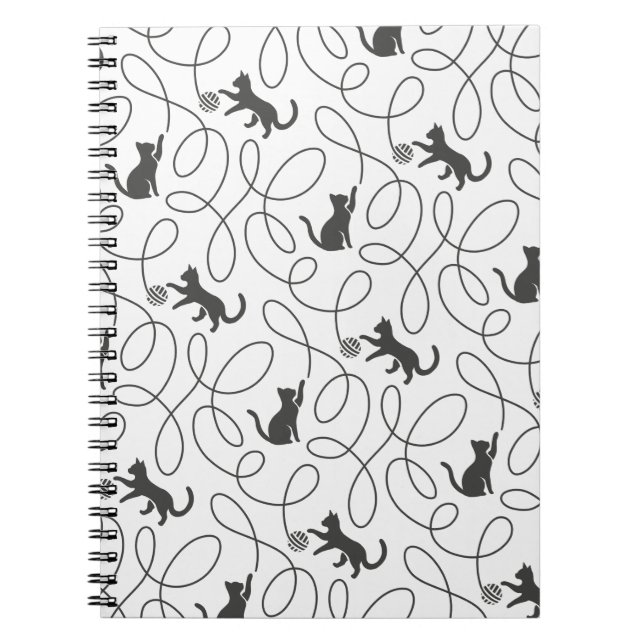 Playful Black Cat and Yarn Ball Pattern Notebook (Front)