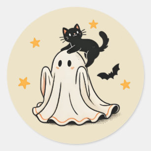 Playful Black Cat on Ghost's Head Halloween Classic Round Sticker