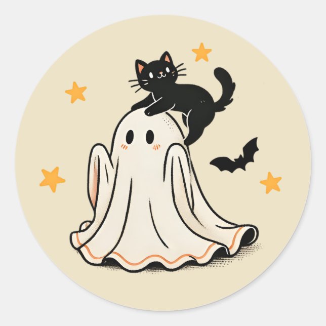Playful Black Cat on Ghost's Head Halloween Classic Round Sticker (Front)