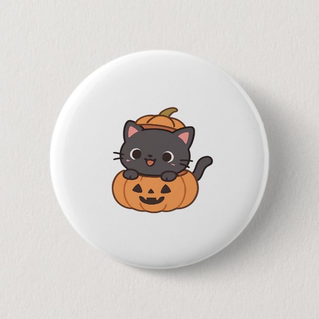 Playful Black Cat Popping Out of Pumpkin T-Shirt - 2 Inch Round Button (Front)