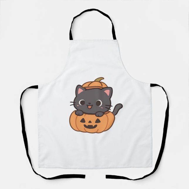 Playful Black Cat Popping Out of Pumpkin T-Shirt - Apron (Front)