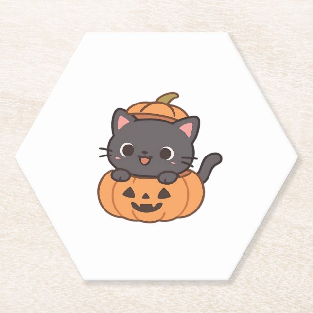 Playful Black Cat Popping Out of Pumpkin T-Shirt - Paper Coaster (Front)