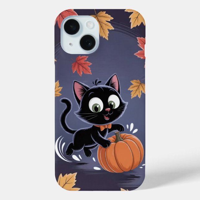Playful Black Cat Pumpkin Leaf iPhone / iPad case (Back)