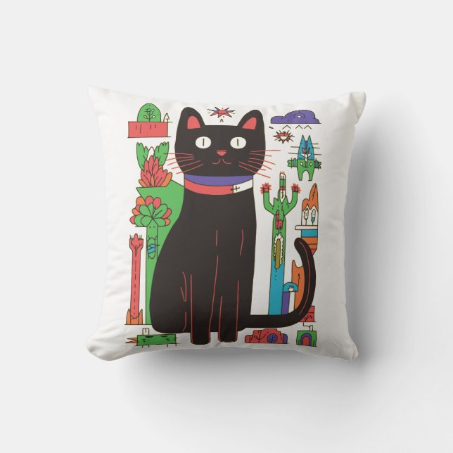 Playful Black Cat Throw Pillow (Front)