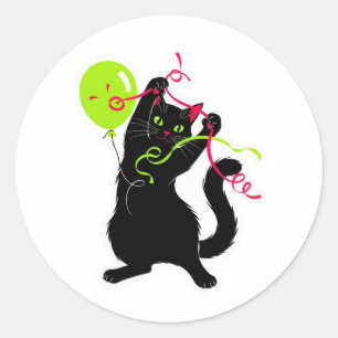Playful Black Cat with Balloon and Streamer Classic Round Sticker